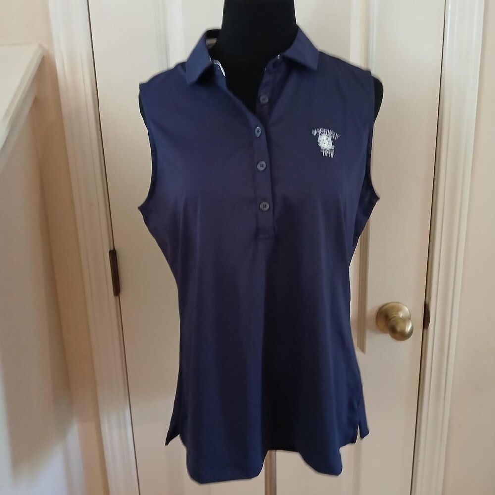 NWT Fairway & Greene Navy Sleeveless Golf Polo Shirt Woodway 1916 Tree Logo L